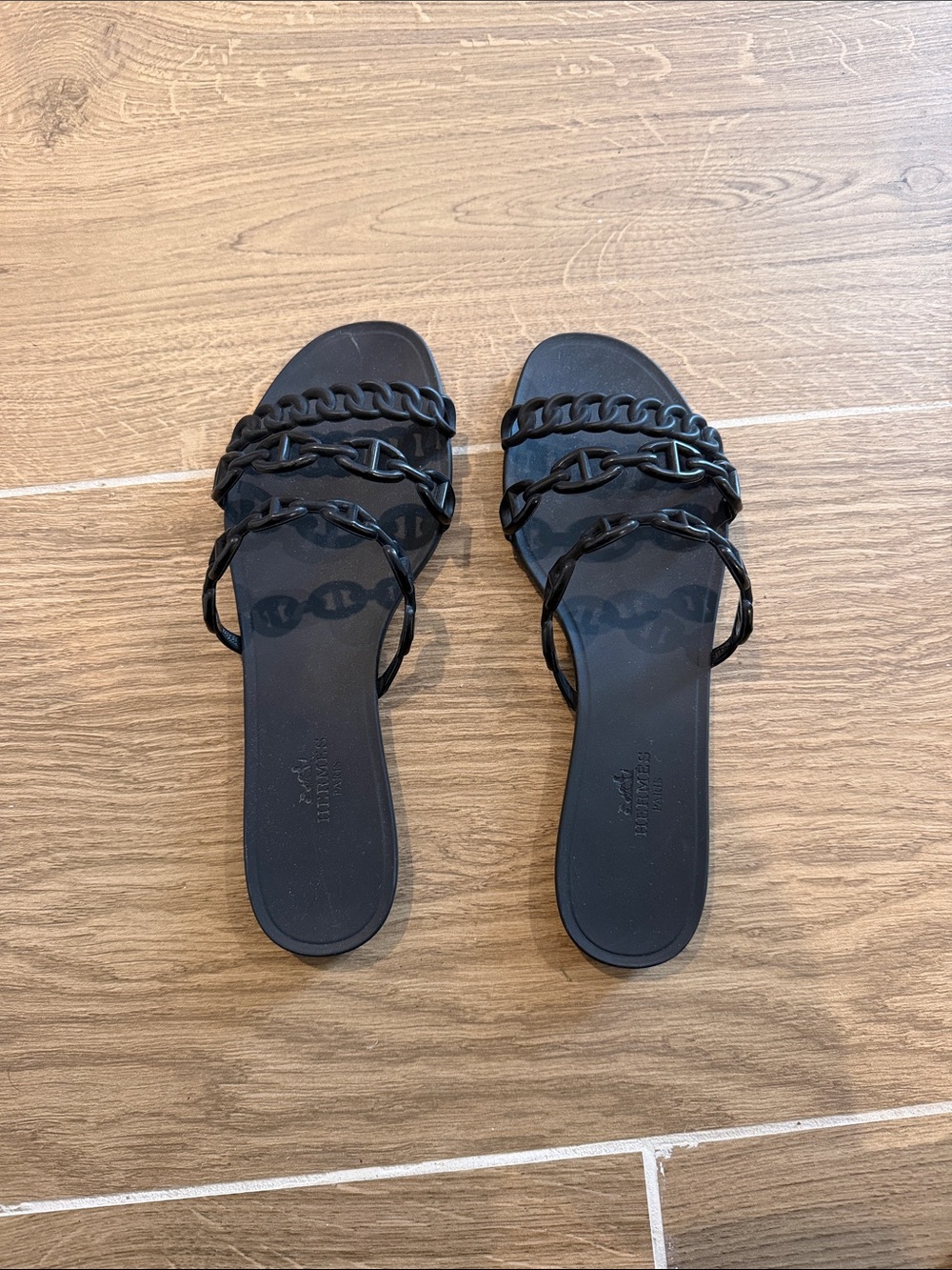 Hermes Jelly Black Chain-Link Slide Sandals